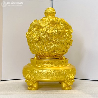 Quả Cầu Phong Thủy Ngũ Long Bằng Đồng Dát Vàng 9999 Cao 35Cm