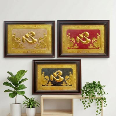 Tranh chữ Tâm hán hoa sen bằng đồng dát vàng khổ 50cm x 70cm