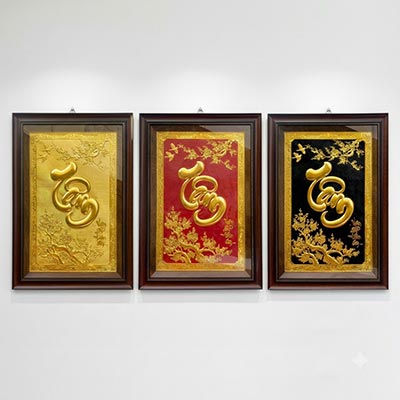 Tranh Chữ Tâm Mai Khai Phú Quý Bằng Đồng Dát Vàng khổ 50cm x 70cm