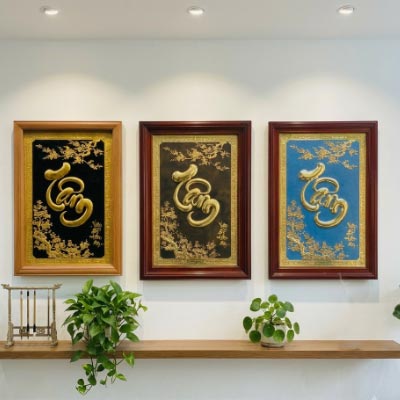 Tranh Chữ Tâm Mai Khai Phú Quý Bằng Đồng Khung Gỗ Sồi Khổ 50cm x 70cm