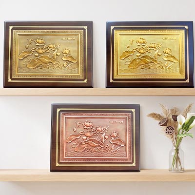 Tranh Để Bàn Hoa Sen Việt Nam Bằng Đồng Khổ Dọc 26cm x 34cm