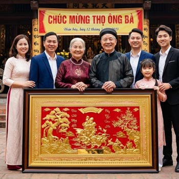 Quà Biếu Tặng Tranh Đồng Mừng Thọ Cụ Ông, Cụ Bà Dát Vàng Khổ Ngang KT 1m07 x 68cm