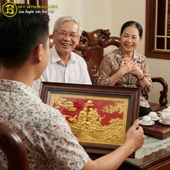 Quà Biếu Tặng Tranh Đồng Mừng Thọ Cụ Ông, Cụ Bà Dát Vàng Khổ Ngang KT 40x55 và 50x70
