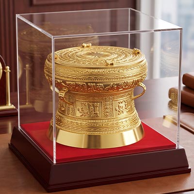 Quà Tặng Quả Trống Đồng Lưu Niệm Dát Vàng Trang Trọng Nhiều Cỡ (10cm, 12cm, 15cm, 20cm, 25cm,...)
