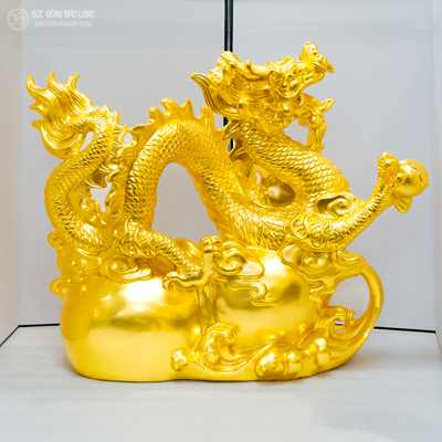 Tượng Rồng Cầm Ngọc Cưỡi Hồ Lô Bằng Đồng Dát Vàng 9999 Dài 52Cm